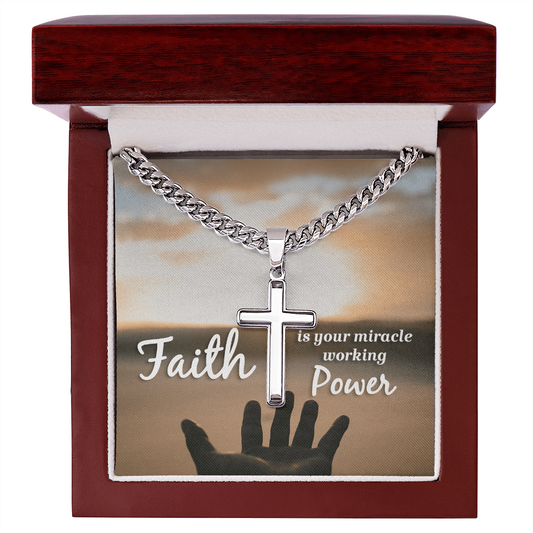 Artisan Cross with Cuban Link Chain in gift box featuring inspirational quote about faith.