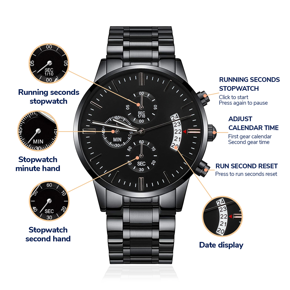 Montre chronographe noire personnalisée gravée, acier inoxydable