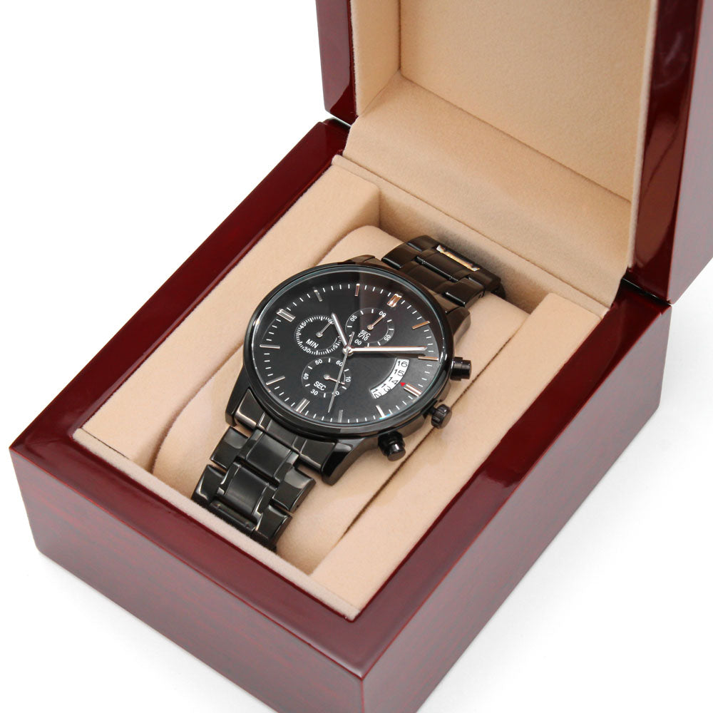 Montre chronographe noire personnalisée gravée, acier inoxydable