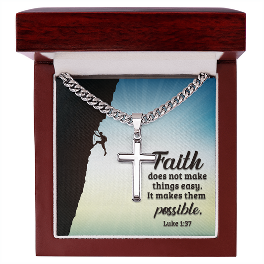 Artisan Cross with Cuban Link Chain displayed in a wooden box with inspirational text, perfect for gifting.